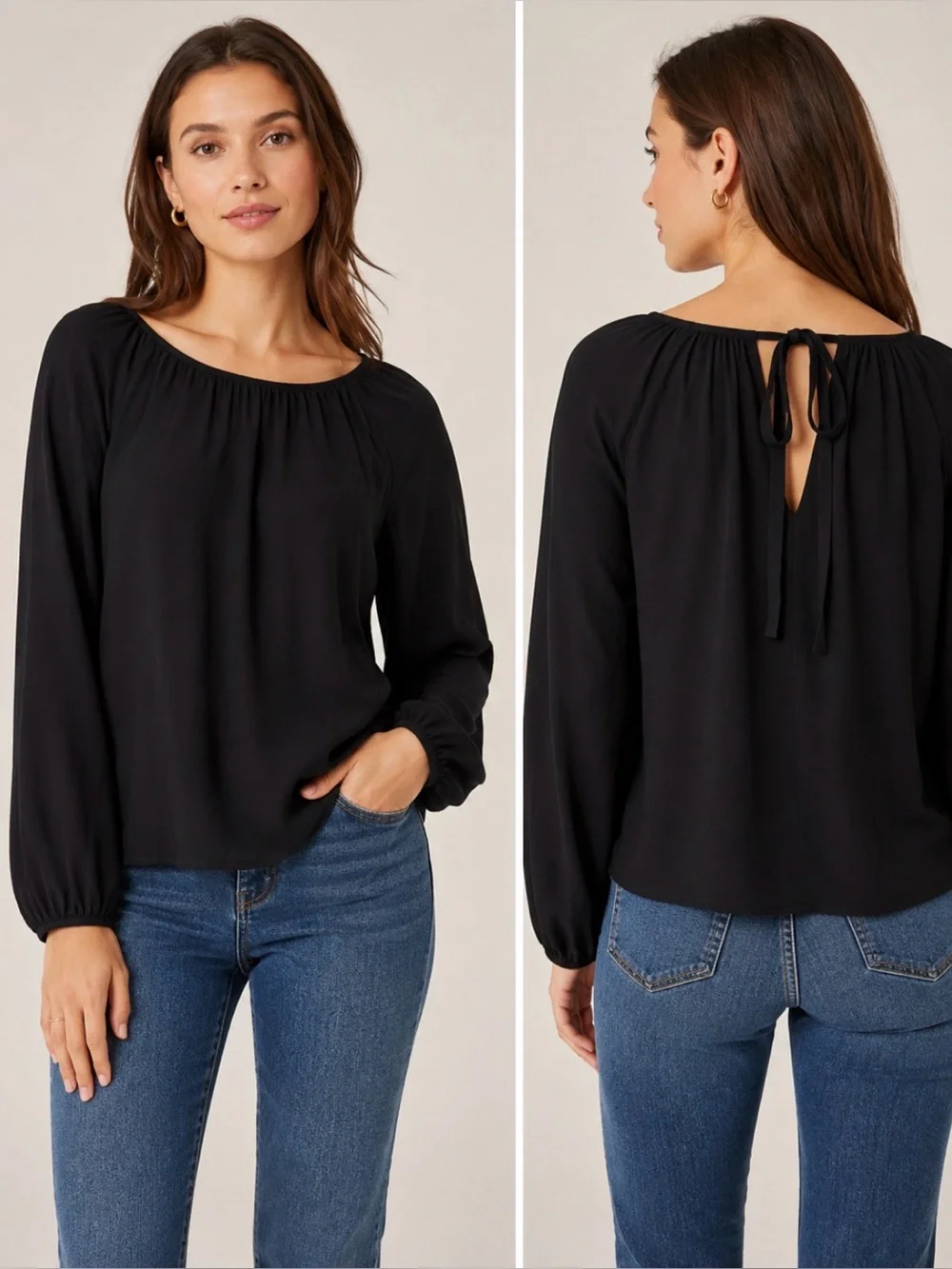 J. Crew Black Long-Sleeve Peasant Blouse with Back Tie Size 2